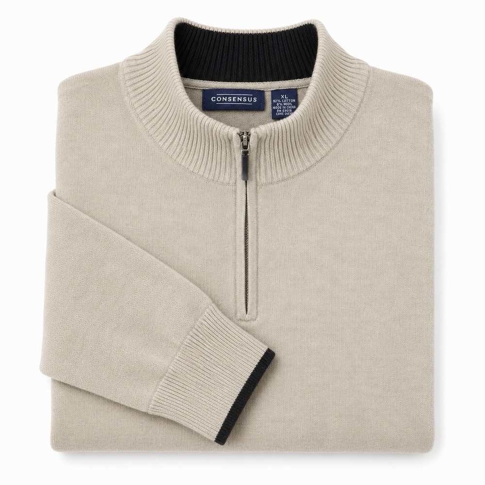 Consensus Men's XL Quarter Zip Sweater Beige Cotton Wool Mock Neck Pullover